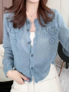 Pure Color Jacquard Design Blouse All-Matching Western Style Wool Knit Cardigan Long Sleeves Elegant Anti-Aging Casual Sweater Women