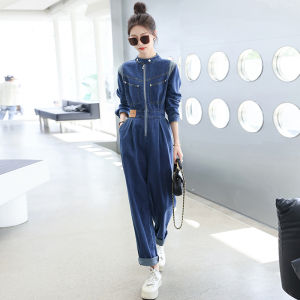 Spring Autumn 2024 Womens Slimming Casual Long Sleeve Overalls Denim Utility Pants High Waist Cotton Workwear Jumpsuits