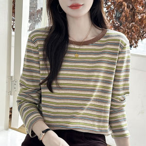 Womens Long Sleeve Striped Base Shirt Thickened Autumn Spring Fashionable Inner Wear T-Shirt Korean Style Loose Fit Cotton Blend