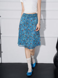 La Chapelle Vintage Blue Floral Print Chiffon Halter Tailored A-Line Midi Skirt Women Summer Bodycon Oil Painting Fish Tail