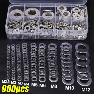 ชุดแหวนสลักเกลียววงแหวนปะเก็นโลหะสำหรับเครื่องซักผ้าโลหะสเตนเลสแบนชุดกระเป๋าจัดเครื่องมือช่าง900ชิ้นสำหรับซ่อมโรงงาน