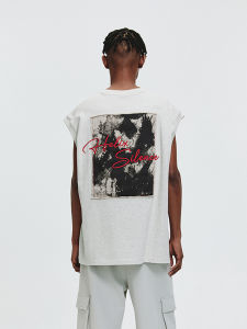 ATRY Ink Splatter Embroidery Series Vest Fitness Summer Sport Sleeveless Mens T-Shirt Shoulder Pad Cotton Nylon Blend