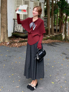 French Elegant Red Knitted Cloak Top Set Womens 2025 Autumn Vintage Polka Dot Mini Skirt Three-piece Set Fashion Ensemble