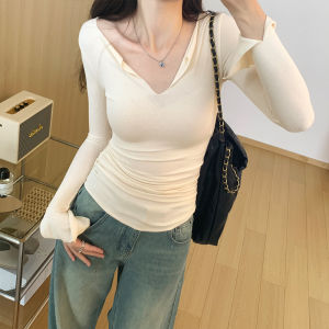 Áo Thun Dài Tay Màu Đen Thiết Kế Cổ Chữ V Mỏng Ôm Vừa Vặn Cho Nữ Mùa Xuân Thu Áo Len Dệt Kim Bó Sát