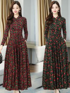 Elegant Knitted Maxi Dress 2024 New Style Mommy Clothes Long Sleeve Slimming Age-defying Floral Print Full Skirted Dress