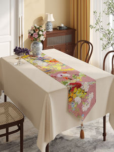 Spring Color Series Long Tassel Table Flag Oil Painting Cotton Linen Tablecloth Side Cabinet TV Cabinet Cover Cloth Towel