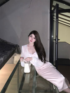 Pink Satin Halter Dress Two-Piece Set Womens Early Autumn High-End Feel Long Skirt Commute Style Mid-Waist Polyester 100%