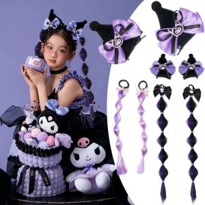 Sanrio Childrens Kuromi Bow Wig Braid Bubble Twist Braid Lantern Braid Double Ponytail Hair Circle Girls Sweet Braids Hair Accessories