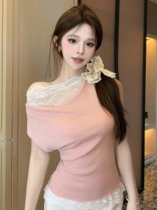 GUZILIAN | Pure Desire Design Sensation Womens Short Sleeve T-shirt Lace Trim Waist Cinching Shoulder Baring Knitted Top Summer Fashion