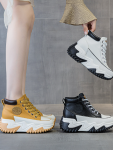 Casual Sport Shoes Thick Bottom High Top Dad Shoes Womens Increased Height Leather Slip-On round Toe Platform Spring Summer