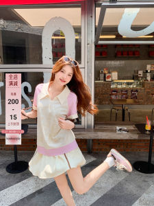 เสื้อยืดคอกว้างหลวมๆ สไตล์อเมริกันย้อนยุคสำหรับผู้หญิง ทรงหลวมๆ สไตล์ลำลอง พิมพ์ลายสีบล็อก คอกลม เสื้อยืดคอกลม