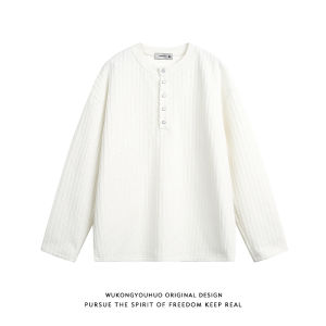 WUKONGYOUHUO | Ribbed Stripe Henley Neck Long Sleeve Men T-Shirt