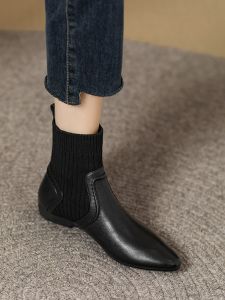 Low Heel Pointed Toe Woolen Shoes Soft Leather Womens Boots Slip-On Sock Boots Genuine Leather Flat Bottom Ladies Short Boots