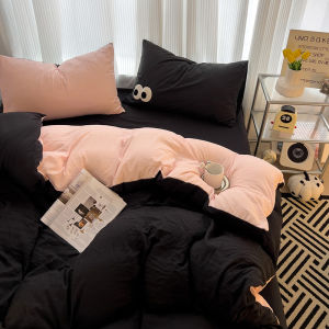 Sweet Cool Girl Style Ins Pink Black Soft Glutinous Washed Cotton Bed Four-Piece Set 1.8 Bed Sheets Quilt Cover Three-Piece Set