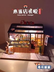 DIY Doll House with Furniture Japanese Sushi Dollhouse LED Lights