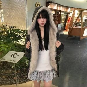 Vintage Fashion Striped Fur Collar 2026 Winter New Down Cotton Jacket New Womens Long-sleeved Loose Zipper Hooded Jacket