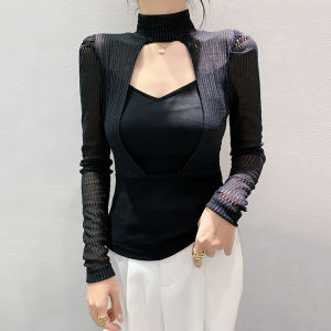 Yimei Áo thun nữ đẹp áo lưới tay áo dài quan điểm gợi cảm Áo cỡ lỡn đẹp mùa xuân và mùa thu 2023