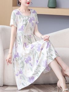 Floral Print Cotton Silk Womens Midi Dress Summer New Chinese Style High Waist A-Line Skirt Short Sleeve Large Swing Skirt