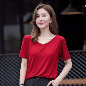 Modal Silk Ice Silk เสื้อยืดแขนสั้นผู้หญิง U-คอดูหลวม Fit สีสบายๆฤดูร้อนเสื้อผ้า PLUS ขนาด