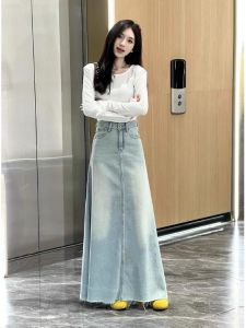 Light Blue Frayed Hem A-Line Denim Skirt Womens 2025 New Summer High Waist Long Skirt Loose Fit Pure Color Commute Style