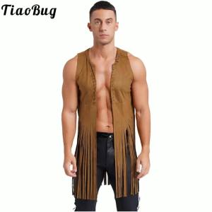 Mens Faux Suede พู่เสื้อกั๊ก Rave Party Rivets Fringe Waistcoat เปิดด้านหน้าเสื้อแขนกุด Western คาวบอย Cardigan Clubwear