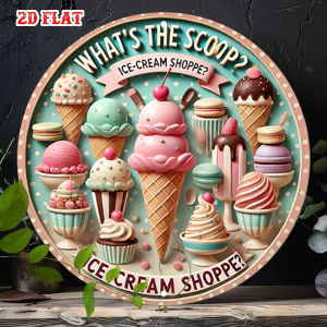 7.8" Retro Ice Cream Metal Wall Art - 2D Flat Aluminum Sign for Cafe Diner Kitchen Easy Mount Sweet Treats Dessert Decor