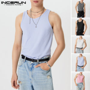 [Perfectly] INCERUN Men Fashion Muscle Fit Sando Singlet Sleeveless Tee Leisure Solid Sport GYM O-Neck Tanks Vests (Korean Style)