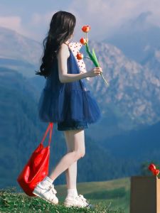 XIAOQIAOJIA | French Blue Lace Splice Halter Dress Womens Summer Gentle Loose Beautiful A-line Short Skirt Korean Style Casual No Sleeve