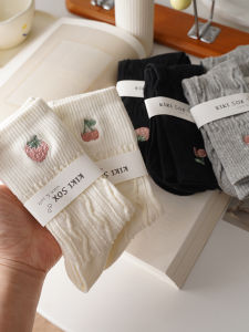 Cute Cherry Strawberry Embroidery Socks Womens Mid-Calf Cotton Socks Black White Grey New Autumn Long Girls Socks