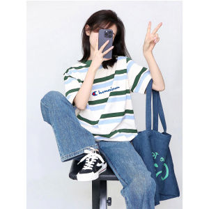 Champion Rainbow American Retro Stripes Shoulder Short Sleeve T-Shirt Women 2024 New Arrival Summer Stylish Niche Top