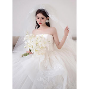 ชุดแต่งงานสไตล์ฝรั่งเศส ชุดราตรีหรูหรา แขนยาว ผ้าโปร่ง กระโปรงทรงเอ คอวี แขนกุด สำหรับผู้หญิงวัย 18-25 ปี