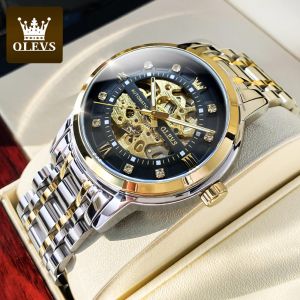 Olevs Đồng hồ cơ cho Mens không thấm nước dạ quang dự trữ năng lượng mặt đồng hồ hình đầu lâu dây đeo bằng thép không gỉ 3 năm bảo hành