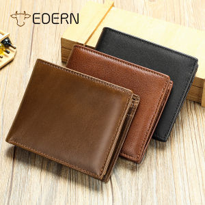 EDERN 2025 New Genuine Leather Mens Wallet RFID Blocking Short Wallet Retro Casual Bifold Wallet Money Clip Coin Purse Card Holder