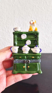 Vintage green ceramic jewellery box (tea set cabinet with a dog on top)