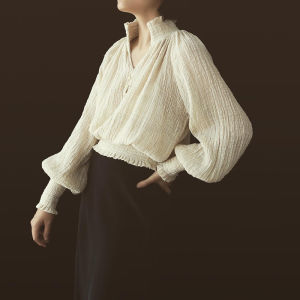 Cicidream Spring Textured Cotton Long Sleeve Lantern Sleeve Classic Shirt Original 16th Century High Collar Drawstring Closure