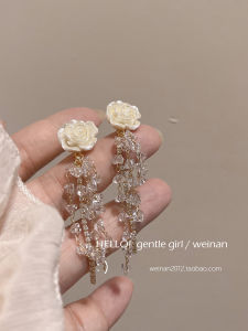 Elegant Long Tea Olive Flower Fringe Mosquito Coil Tray Earrings Women Fashionable Ear Clip Ons Korean Style Jewelry