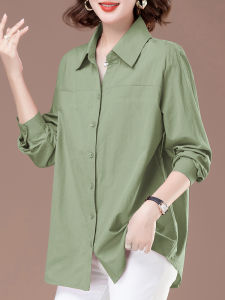Elegant Pure Cotton Womens Shirt Korean Style Button up Long Sleeve Polo Neck Mid-Length Fashionable Age-Defying Top