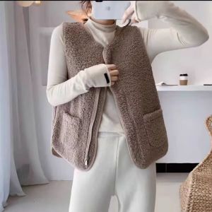Thickened Particle Fleece Womens Vest Spring Autumn Outerwear Winter Warm Quilted Zipper Closure round Neck Polyester Jacket
