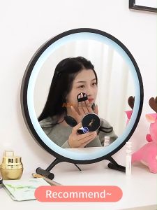 LED Makeup Mirror Desktop Vanity Mirror Cermin Bulat Cermin Makeup Countertop Round Mirror Make Up Mirror with Light Dressing Table Mirror