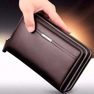 กระเป๋าเงินหนังนิ่มทรงยาวสำหรับผู้ชาย กระเป๋าถือแบบลำลอง แฟชั่นเกาหลี ซิปปิด กระเป๋าสตางค์หนัง PU วัสดุใหม่ กระเป๋าสตางค์หนังแท้