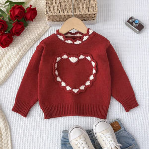 Bear Leader 2-6 Year Baby Girls Clothes Autumn Winter Long Sleeved Lace Heart Round Neck Christmas Sweaters Chinese Style New Year Red Pullover Top