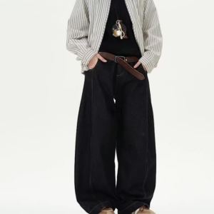 Mens Womens Spring Autumn American Retro Original Color Curved Jeans Trendy Wide Leg Banana Pants Casual Long Pants Streetwear
