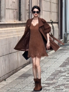 DANTING | Slimming Two-Piece Outfit Brown Coat Lace Strap Dress Set