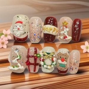 10pcs Christmas Party Nails Red Glitter Press On Nails Handmade Holiday Fake Nails With 4-PIECE Tools  Super Nail Adhesive Tabs