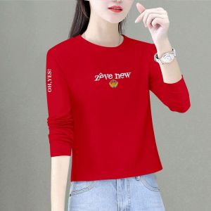 Red Pure Cotton Long Sleeve T-Shirt Short Style Womens Spring Autumn New Fashion Small Size Trendy Base Layer Shirt