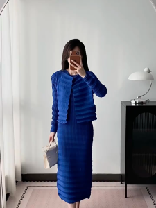 KESHANGYI Miyake Style Pleated Set Women Autumn Long Sleeve Cardigan Sleeveless Dress Elegant Commute Two Pieces Outfit