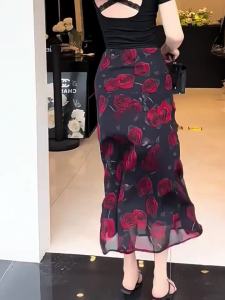 MANMI | Floral Print Vintage Style Slimming High Waist Long Skirt