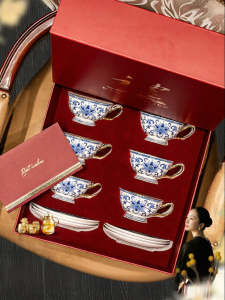 COMEPUSSI | Blue & White Bone China Coffee Cup Set Housewarming Wedding Gift