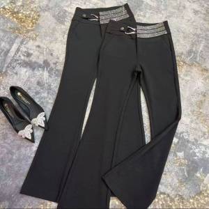 Spring 2025 Black Versatile Luxury Diamond Waist Bell Bottom Pants Stylish Casual High Waist Long Trousers for Women