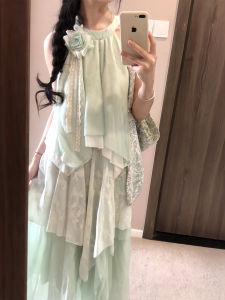 Váy Không Tay Màu Xanh Bạc Hà Không Đều Cổ Treo Mùa Hè Thiết Kế Váy Dài Thanh Lịch Cho Nữ Váy Chữ a Cạp Cao Không Tay Dài Vừa Phải